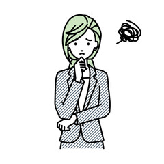 立って手をあごにあてて困っているスーツの女性