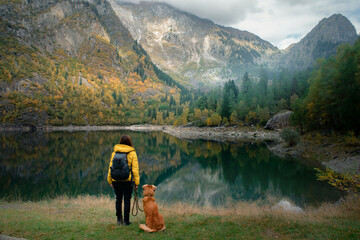 girl with a dog at lake in the mountains. travel, Nova Scotia Duck Tolling Retriever with with a...