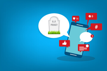 Social media concept - Viral content, social activity and smm - likes, shares and comments popping up on the mobile screen, with a speech bubble and a tombstone with rest in peace privacy text.