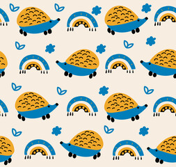 Pattern with cute hedgehogs. Vector kids illustration