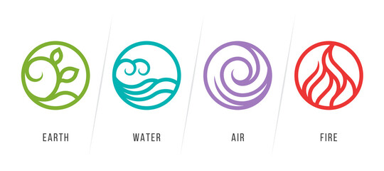 4 elements of nature symbols with earth water air and fire symbols, circle line border style collection vector design - 454503596