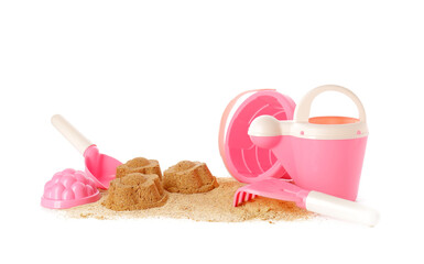 Fototapeta na wymiar Set of beach accessories for children and sand on white background