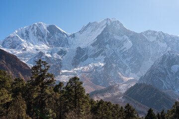 Manaslu mountain peak in Himalayas mountains range, Nepal