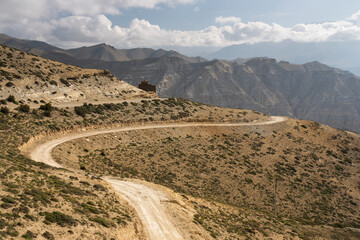 Road to Lo Manthang in Upper Mustang trekking route. Himalaya mountains range in Nepal