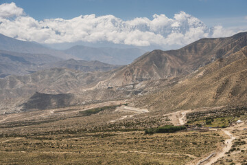 Landscape of Upper Mustang area with background of Himalaya mountains range, Nepal