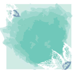 Water Color splashing Background with leaf detail. can be used for an Instagram frame or print as a greetings card or invitation card. Light Viridian, White and white 