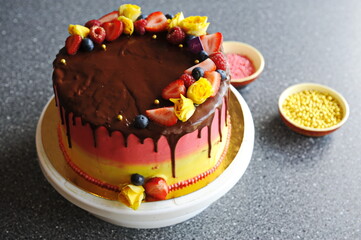 Multi-layered fruit cake on the table
