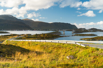 Beautiful Atlantic road to Fredvang village in Lofoten island, autumn season in Nordland, Norway, Scandinavia