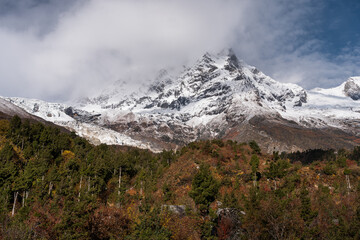 Naike peak view from Samagaun in autumn season, Himalaya mountains range in Manaslu circuit trekking route, Nepal