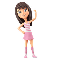 Cartoon character beautiful girl in a striped t-shirt on a white isolated background. 3d render illustration.