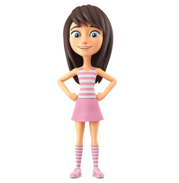 Cartoon character of a beautiful girl in a striped T-shirt on hands at the sides against white isolated background. 3d render illustration.