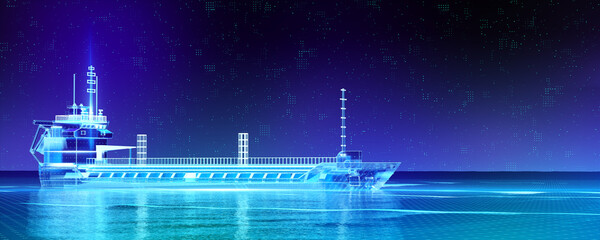 Oil tanker ship on blue digital hi tech futuristic background. quality 3d render metaphor for global logistics tracking. Big data economy. AI VR holograms - obrazy, fototapety, plakaty