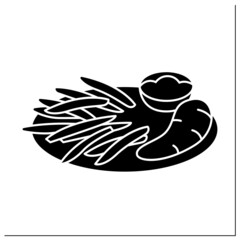 Afro-Caribbean food glyph icon.Boiled ghanaian yarn. Sliced potatoes, yams. Sauce containing tomatoes, oil and spices garnish. Local food.Filled flat sign. Isolated silhouette vector illustration