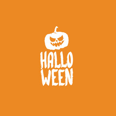 Happy Halloween Banner, greeting card or background with Vector white Halloween label with scary pumpkin isolated on orange abstract background.
