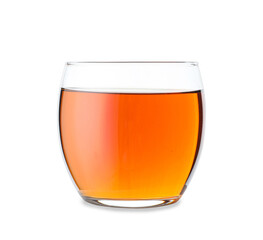 Glass of tasty apple juice on white background