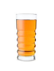 Glass of tasty apple juice on white background