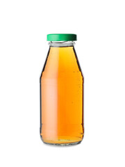 Bottle of tasty apple juice on white background