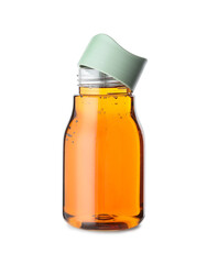 Bottle of tasty apple juice on white background