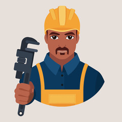 An avatar of a man in a protective helmet and construction uniform holds an adjustable wrench in his hand. Plumber builder. Flat vector illustration.