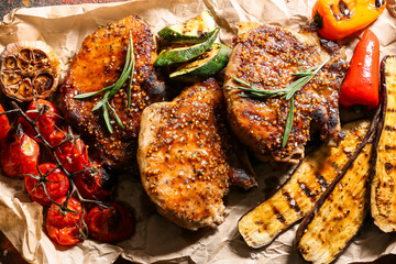 Tasty pork steaks and grilled vegetables on table