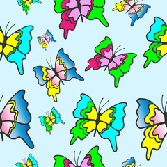Obraz na płótnie Canvas flying butterflies illustration on blue background. colorful butterflies. seamless pattern. hand drawn vector. cute insect. doodle art for wallpaper, wrapping paper, backdrop, scrapbook, fashion. 