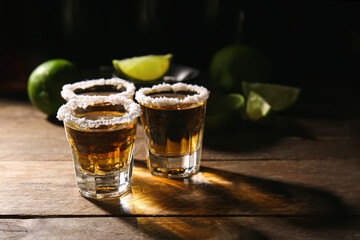 Shots of tasty tequila on table