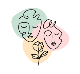 Line art faces and rose on colorful background.