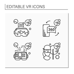 Virtual reality line icons set. VR in cell phone, architecture, surgery, video. Modern technology concept. Isolated vector illustrations. Editable stroke
