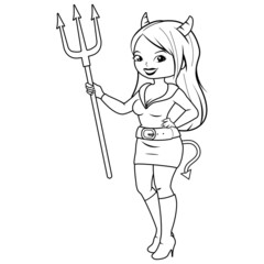 Woman in a Halloween costume. Vector black and white coloring page.