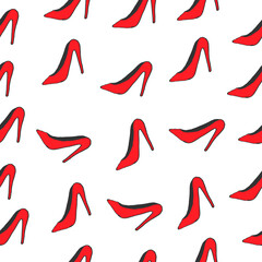 red high heels illustration on white background. seamless pattern, hand drawn vector. beauty shoes for woman. heel shoes. doodle art for wallpaper, wrapping paper, backdrop, banner, fabric. elegant. 