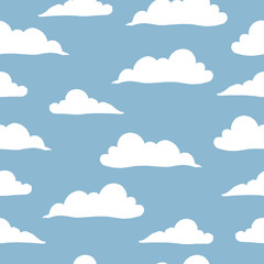 white cloud illustration on blue background. seamless pattern, hand drawn vector. blue sky, sunny weather. clean and fresh. doodle art for wallpaper, wrapping paper, baby clothes, backdrop, fabric. 