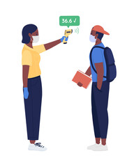 Tutor measures student temperature semi flat color vector character. Pupil figure. Full body people on white. After covid isolated modern cartoon style illustration for graphic design and animation