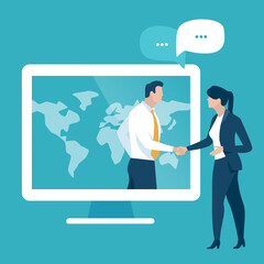 Deal. Collaboration. Distance working. Making agreement over the internet. Business people shaking hand over network. Business vector illustration.