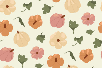 Pumpkin day. Autumn harvest. Berries and dried leaves. Vector pattern of autumn vegetables. Pumpkin farm. American holiday. Halloween wallpaper