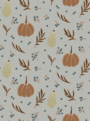 Pumpkin day. Autumn harvest. Berries and dried leaves. Vector pattern of autumn vegetables. Pumpkin farm. American holiday. Halloween wallpaper