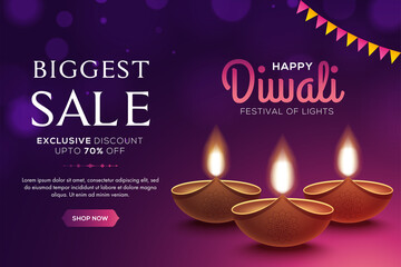 Happy Diwali Sale design with diya oil lamp elements on pink background, bokeh sparkling effect