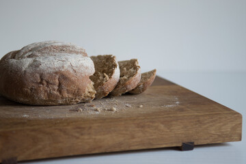 Homemade bread on a wooden board.