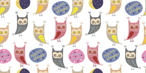 Seamless pattern with cute owl in cartoon style