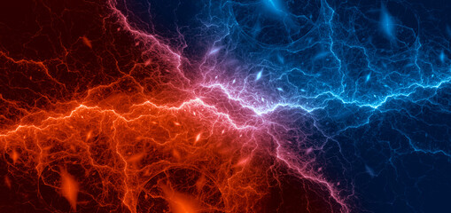 Blue and red lightning, abstract plasma background fire and ice elements - 454511112