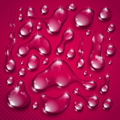 Water drops set vector realistic 3d elements collection, transparent dew condensation drops over transparency checker mesh, prepared to put over red background.