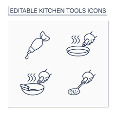 Kitchen tools line icons set. Cooking utensils. Stainless steel skillet, pastry bag, skimmer, wok. Kitchen equipment concept. Isolated vector illustrations. Editable stroke