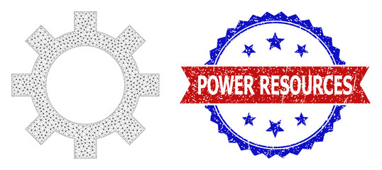 Power Resources unclean stamp, and cog icon polygonal model. Red and blue bicolor stamp has Power Resources tag inside ribbon and rosette. Abstract flat mesh cog, created from flat mesh.