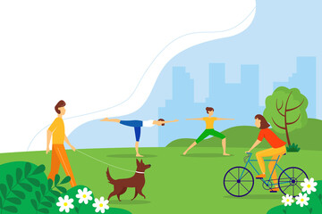 City park with relaxed people. People doing yoga, cycling, walking the dogs. Summer illustration. Vacation concept. illustration.