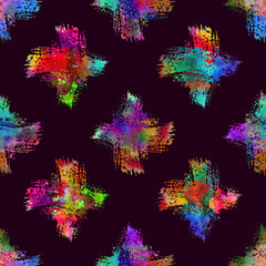 Watercolor Brush Cross Seamless Pattern Grange Geometric Design in Rainbow Color. Modern Grung Collage on Dark Violet Background
