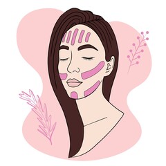 Face tapes. Young woman's face with facial kinesio tape. Vector illustration.