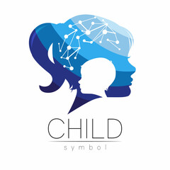 Child Blue Vector Logotype vector Silhouette profile human head. Concept logo for people, children, autism, kids, therapy, clinic, education. - 454512747