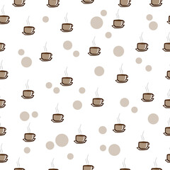 Obraz premium cup of hot coffee illustration with polka dots on white background. seamless pattern. hand drawn vector. hot coffee, hot tea. morning drink. doodle art for wallpaper, wrapping paper, bakcdrop, fabric.