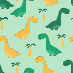 Fototapeta na wymiar Seamless pattern with dinosaurs and palm trees. Cute yellow and green Dino. Vector illustration for printing on fabric, wallpaper, wrapping paper