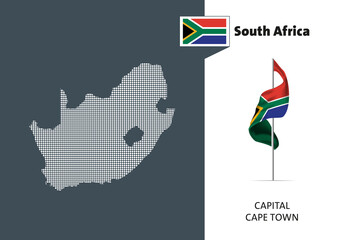 Flag of South Africa on white background. Dotted map of South Africa with Capital name - Cap Town (EPS 10 vector art)