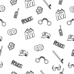 police icon illustration isolated on white background. set of police element. seamless pattern, hand drawn vector. handcuffs, badge, sunglasses, hat. doodle art for wallpaper, wrapping paper, backdrop